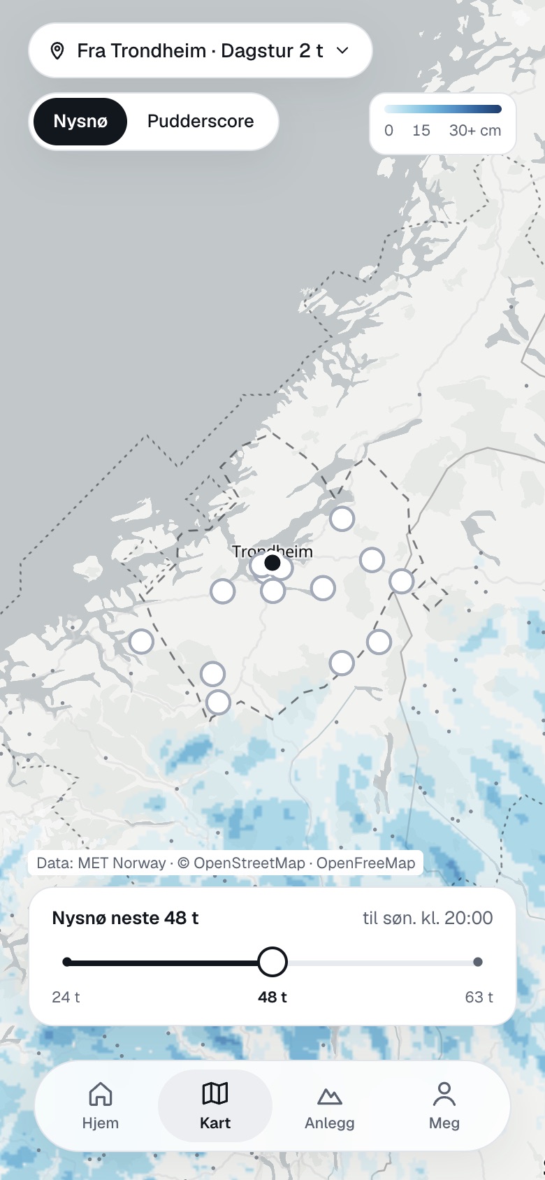 Kartsiden i Powcast: nysnø de neste 48 timene rundt Trondheim, med anleggene innen dagstur